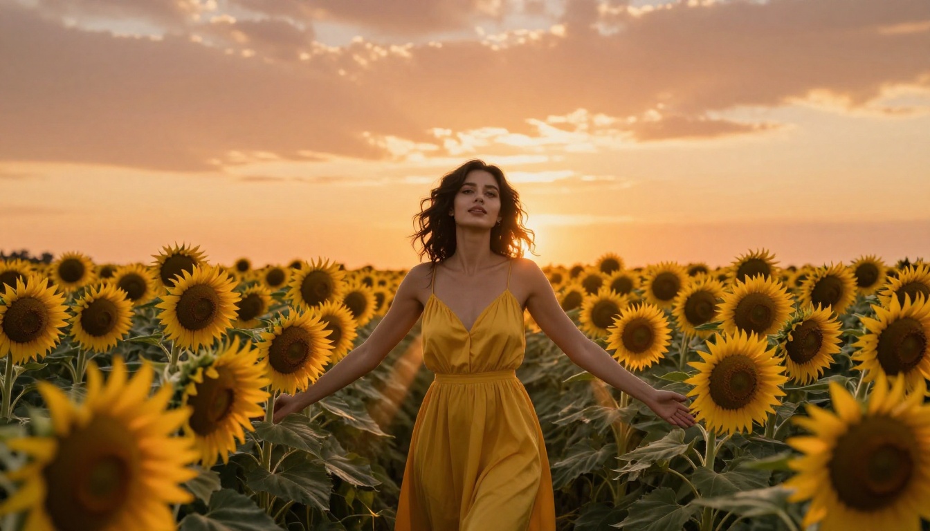 A woman in a sunflower field at golden hour, editorial fashion photography
