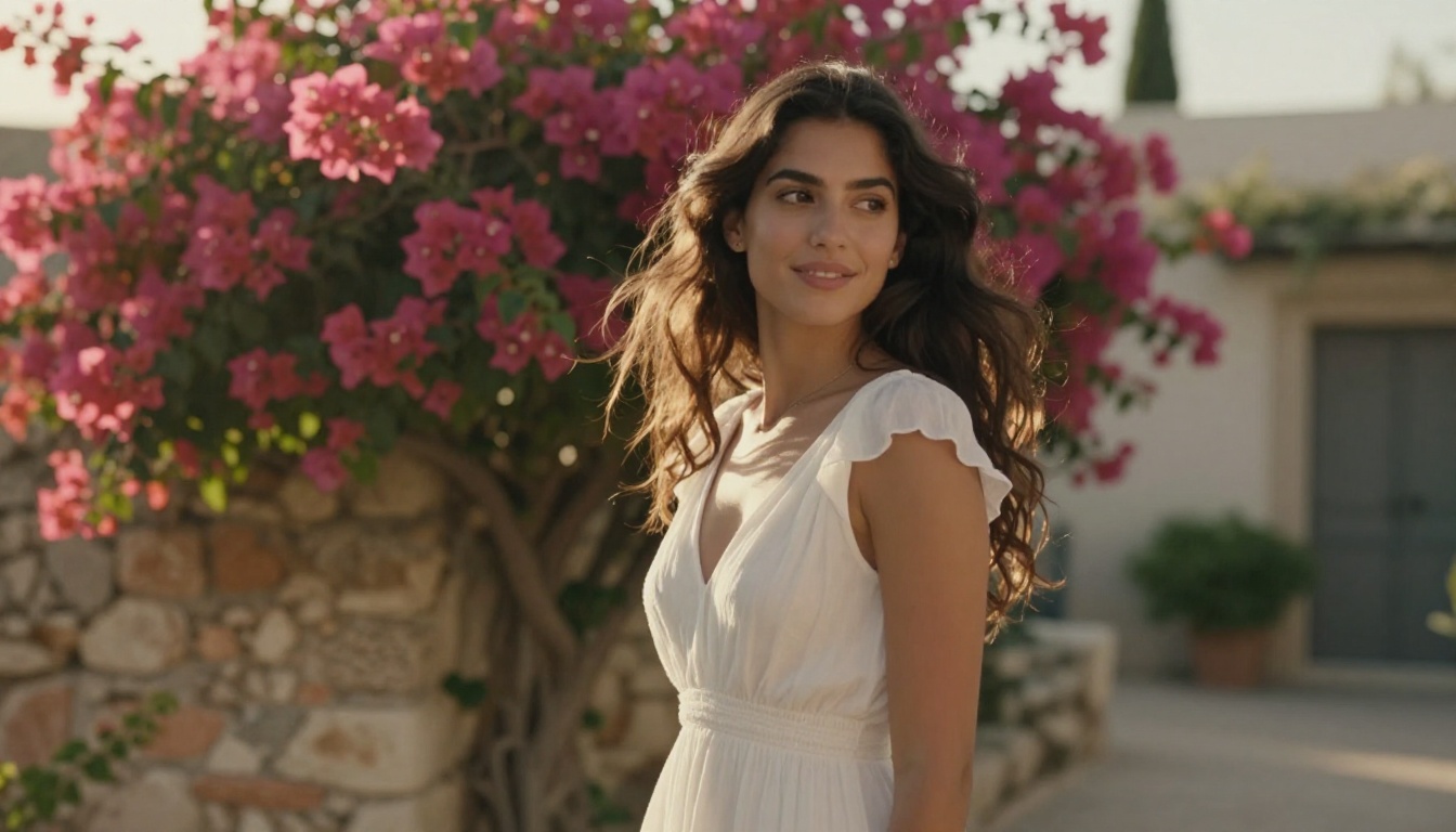 Beautiful woman in a Mediterranean garden representing cinematic video output quality