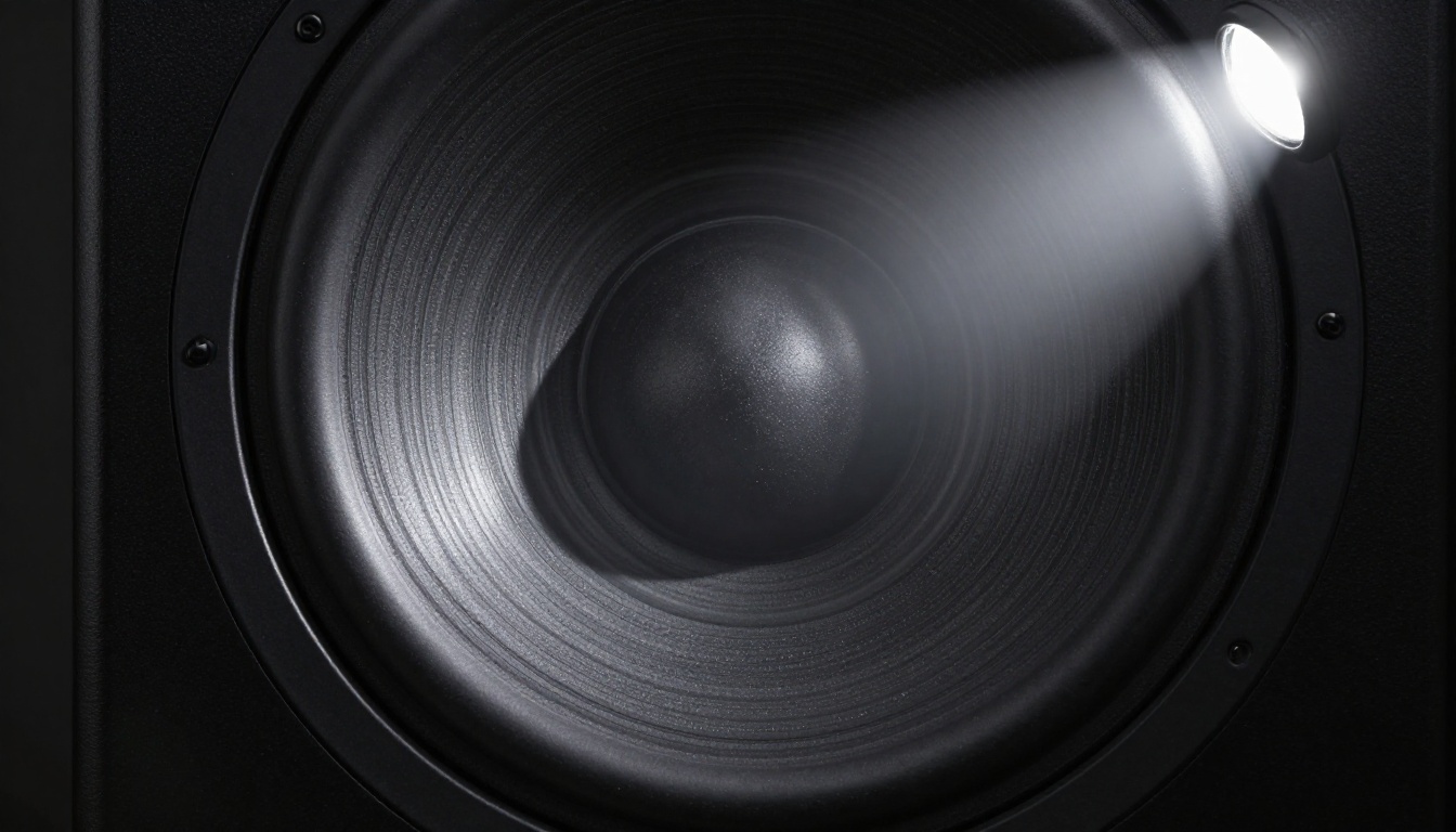 Speaker cone captured mid-vibration with photorealistic detail
