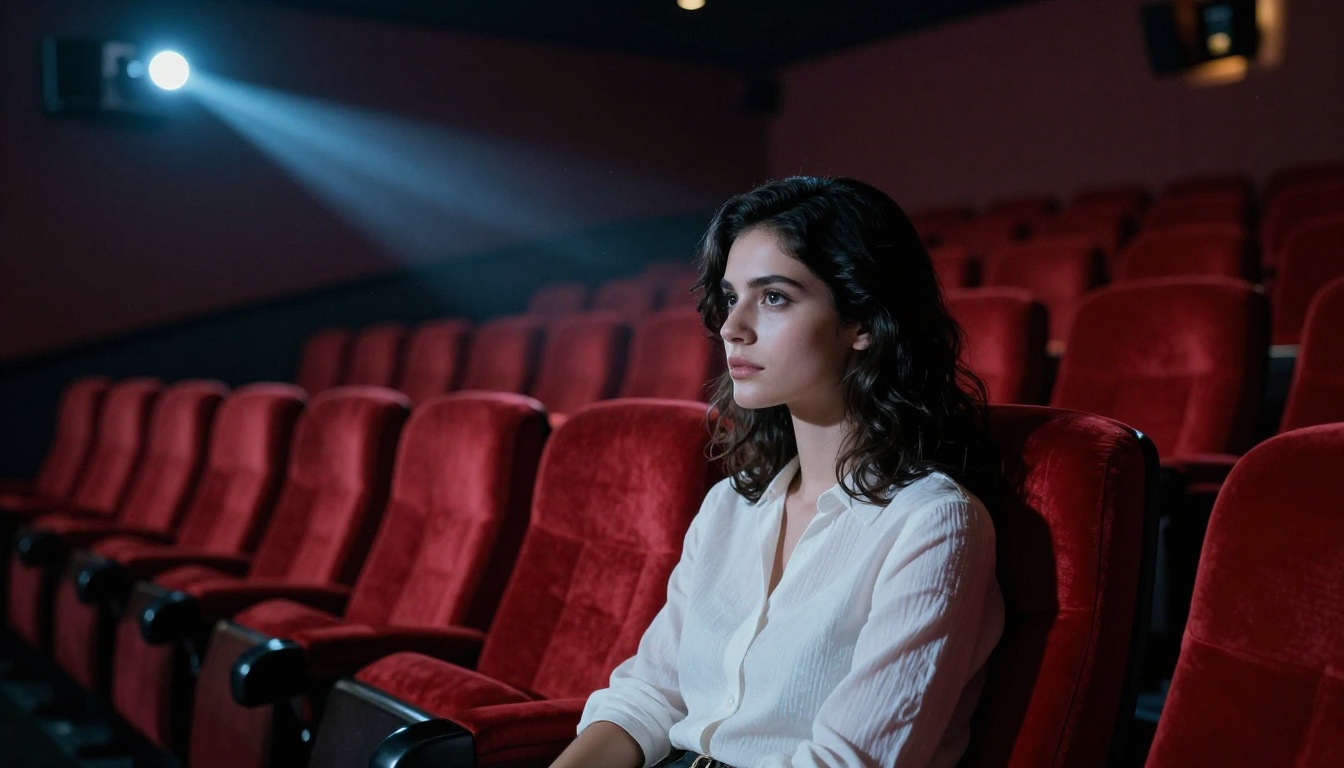 Young woman alone in an Art Deco cinema, face lit by cold projector beam, cinematic shallow focus composition