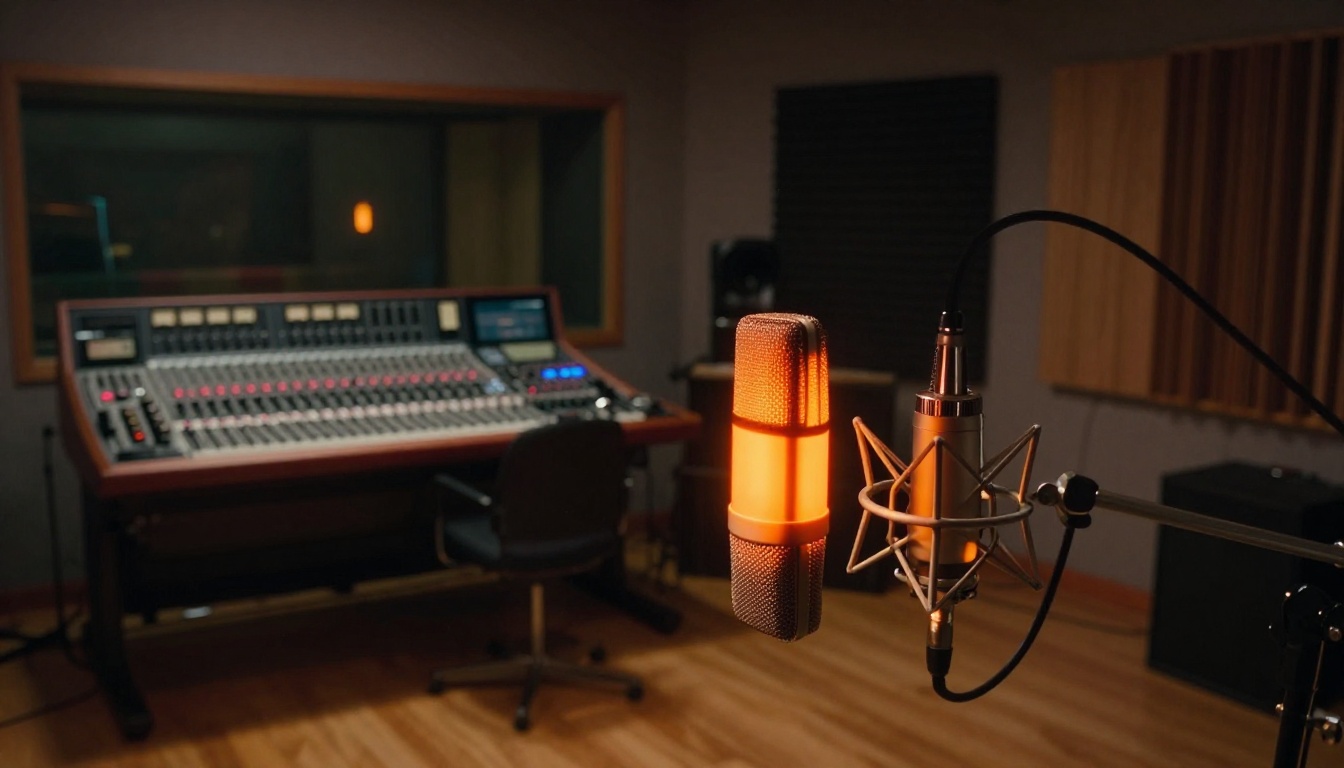 Professional recording studio interior with a large condenser microphone and warm amber lighting