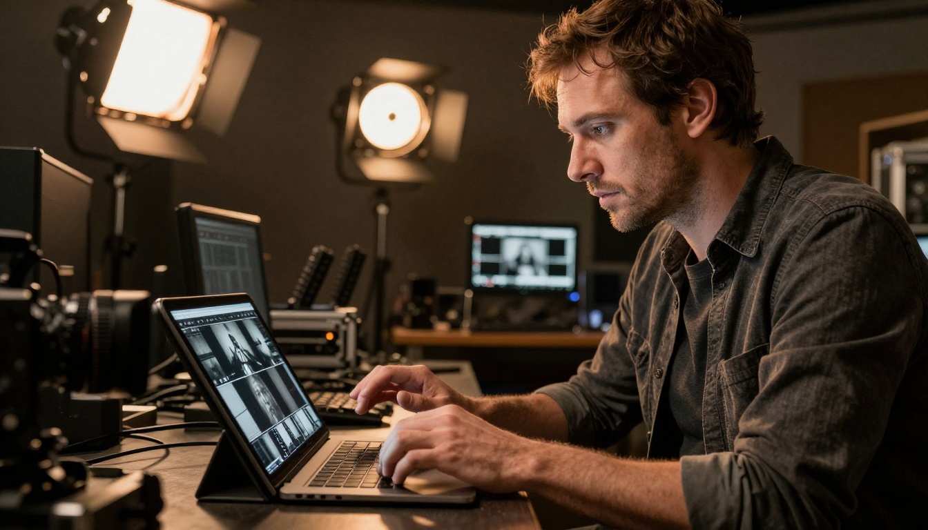 Professional filmmaker reviewing footage on a tablet in a dimly lit production studio with warm practical lighting Professional filmmaker reviewing footage on a tablet in a dimly lit production studio with warm practical lighting