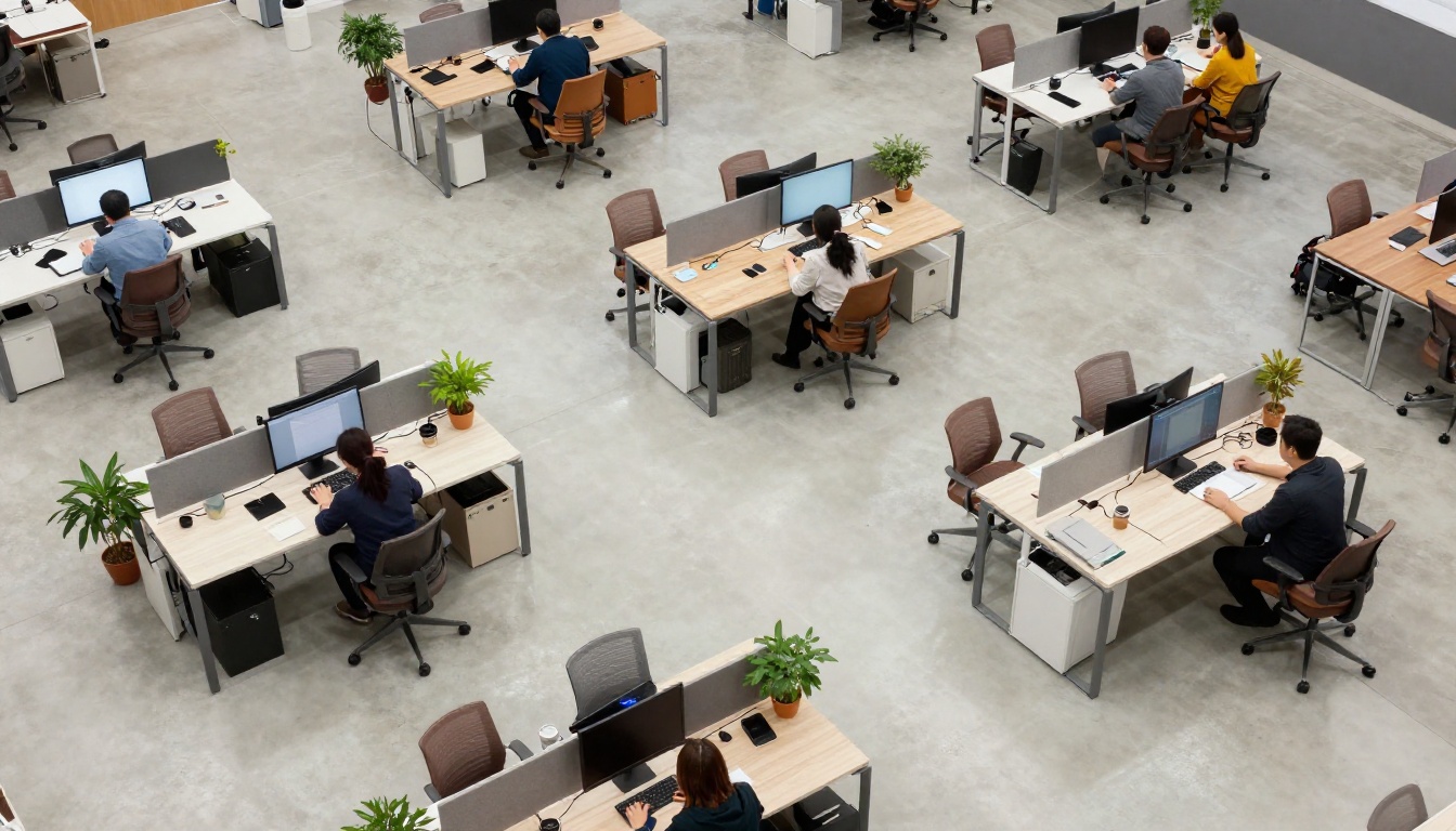 Aerial overhead view of creative agency office workspace