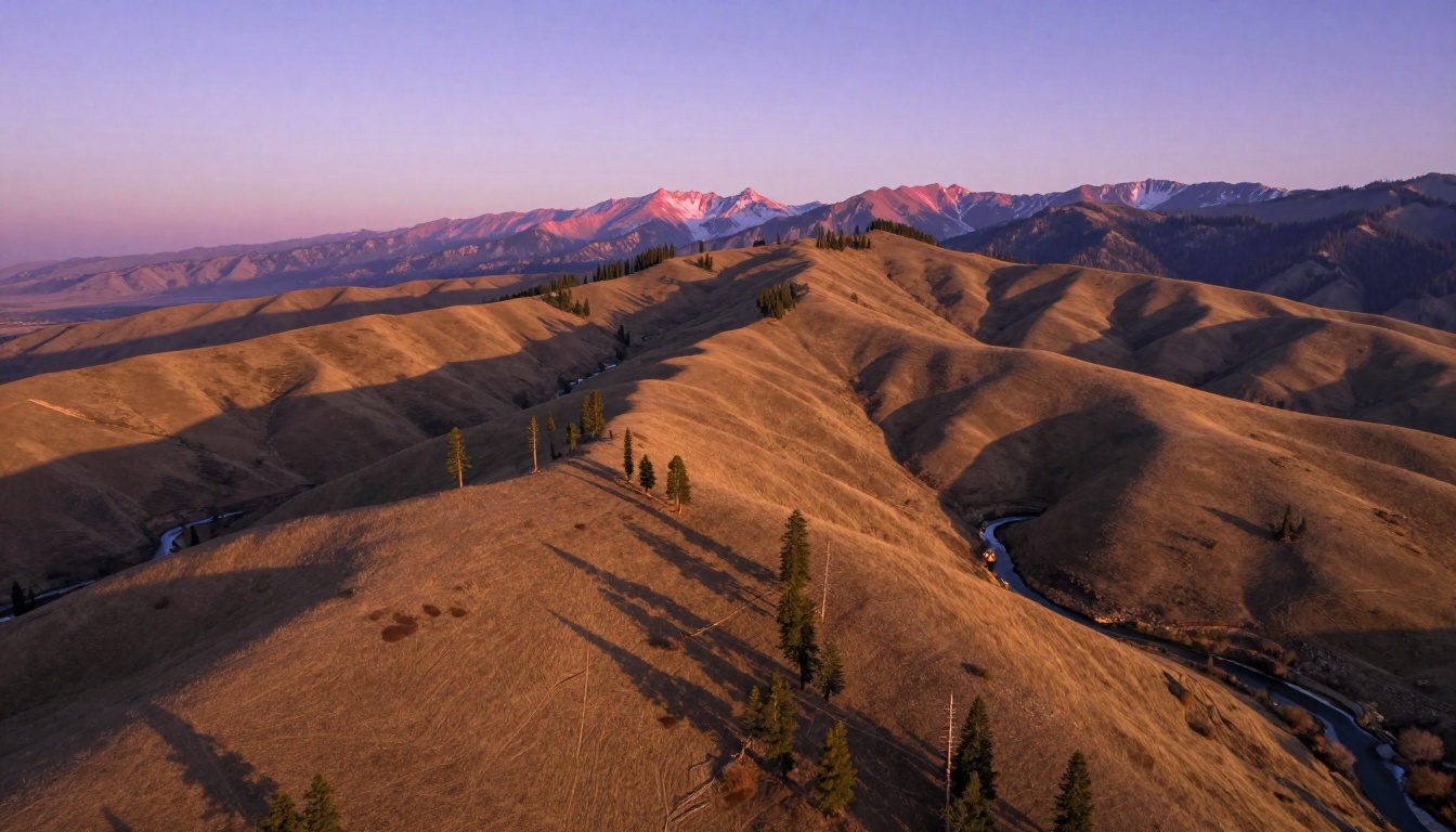 Aerial wide shot over golden hour mountain ridgelines with copper river and purple shadow valleys