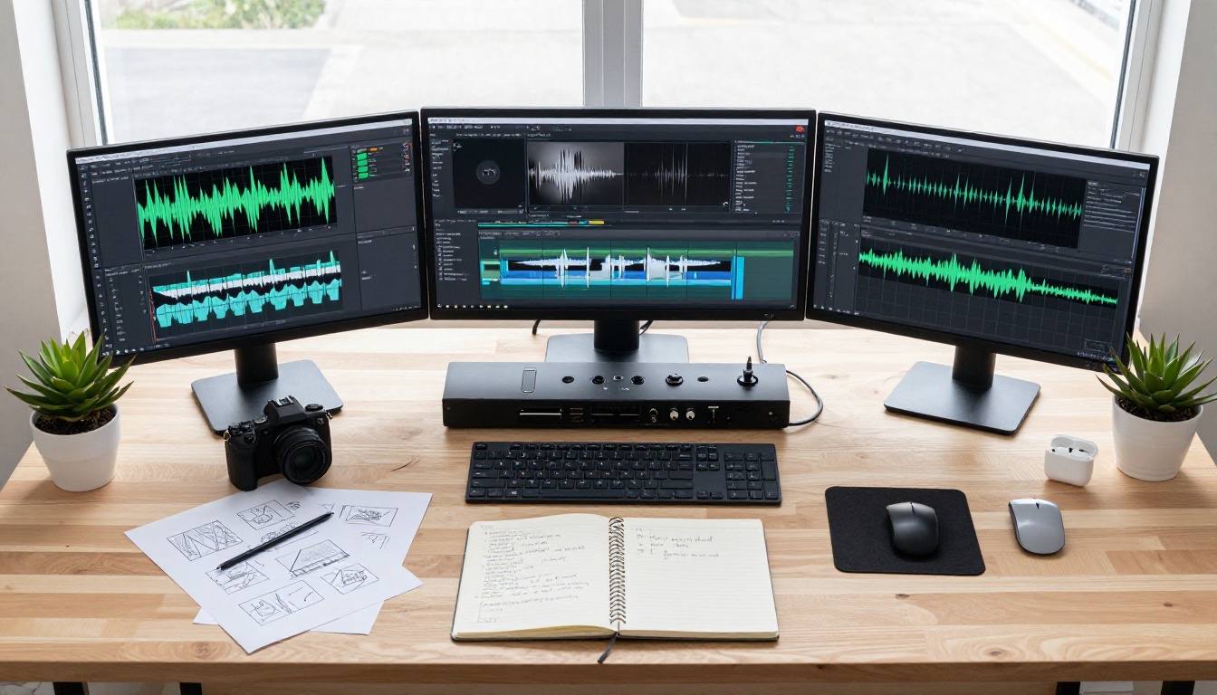 Aerial flat-lay of a creative production workspace with multiple screens and tools