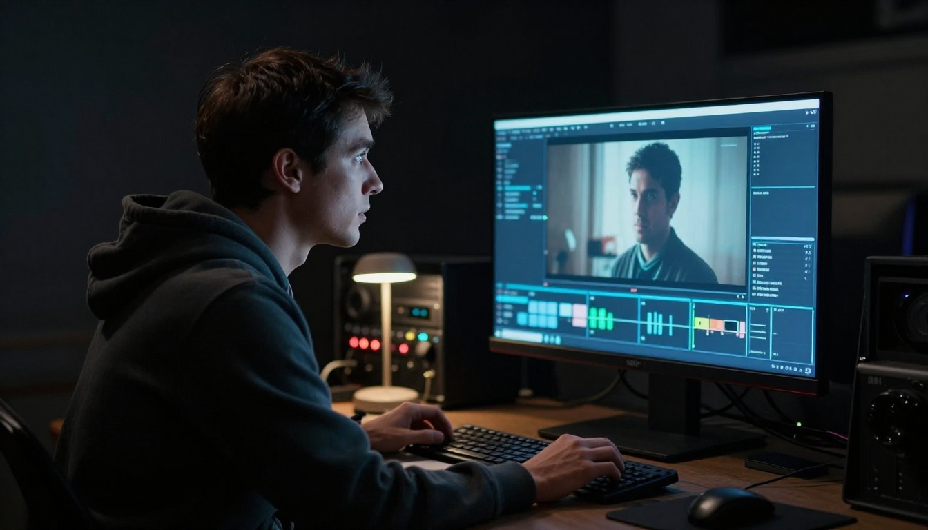 Cinematographer studying video output quality in a professional color grading suite