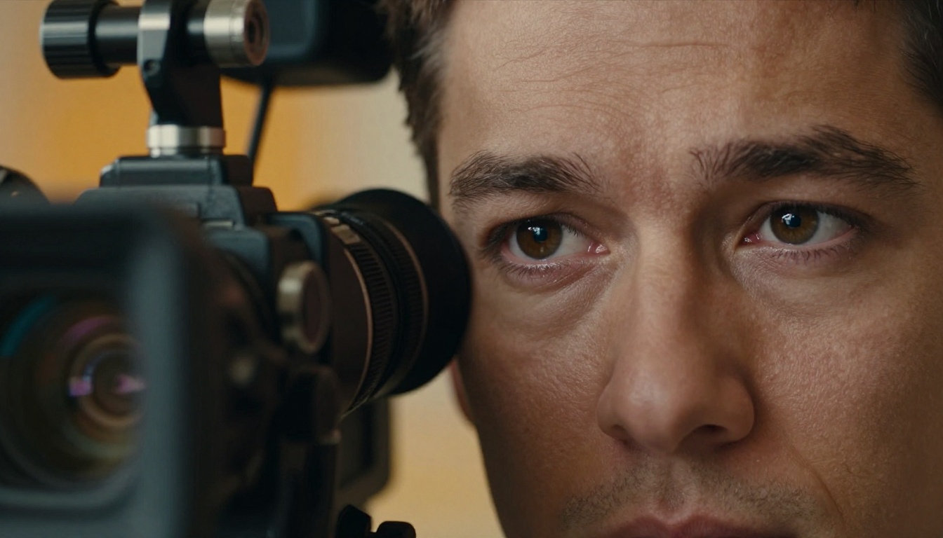 Filmmaker's eye looking through a cinema camera viewfinder