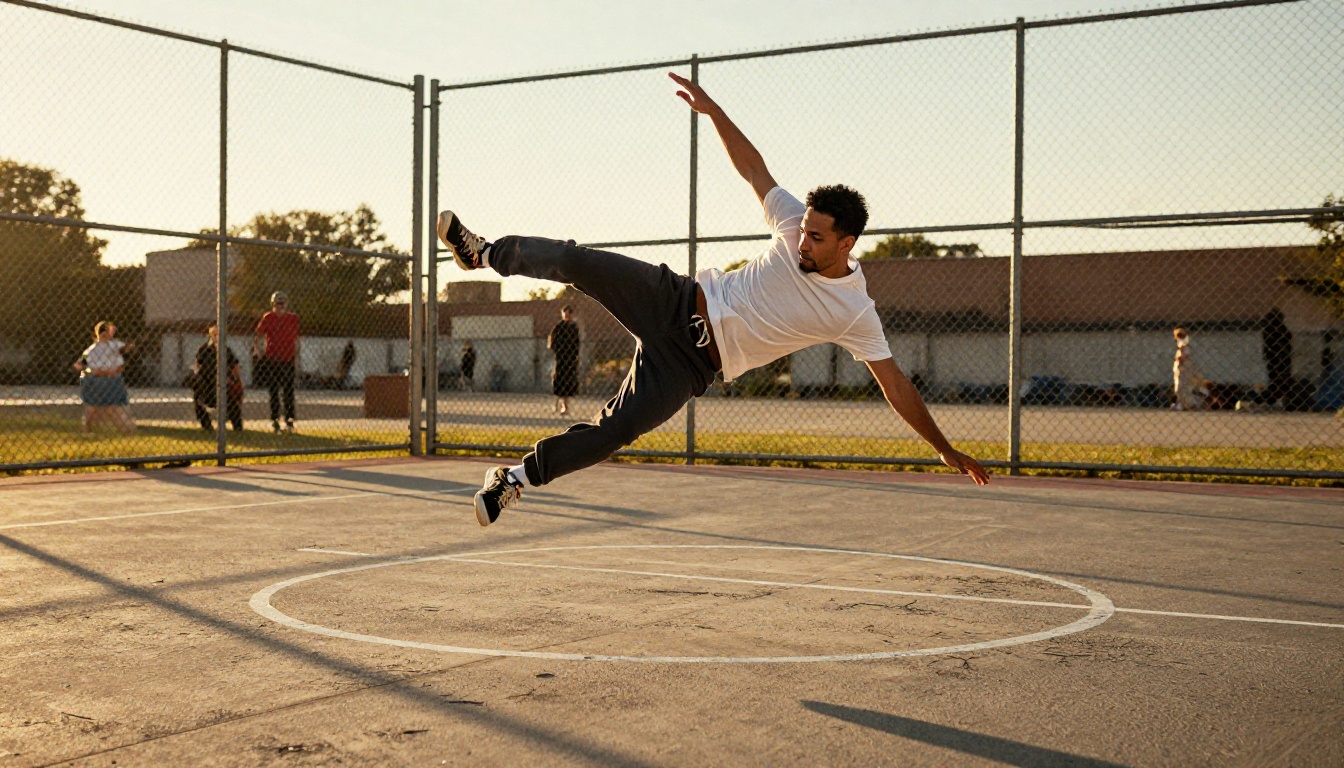 Male street dancer mid-air freeze in an urban basketball court at golden hour