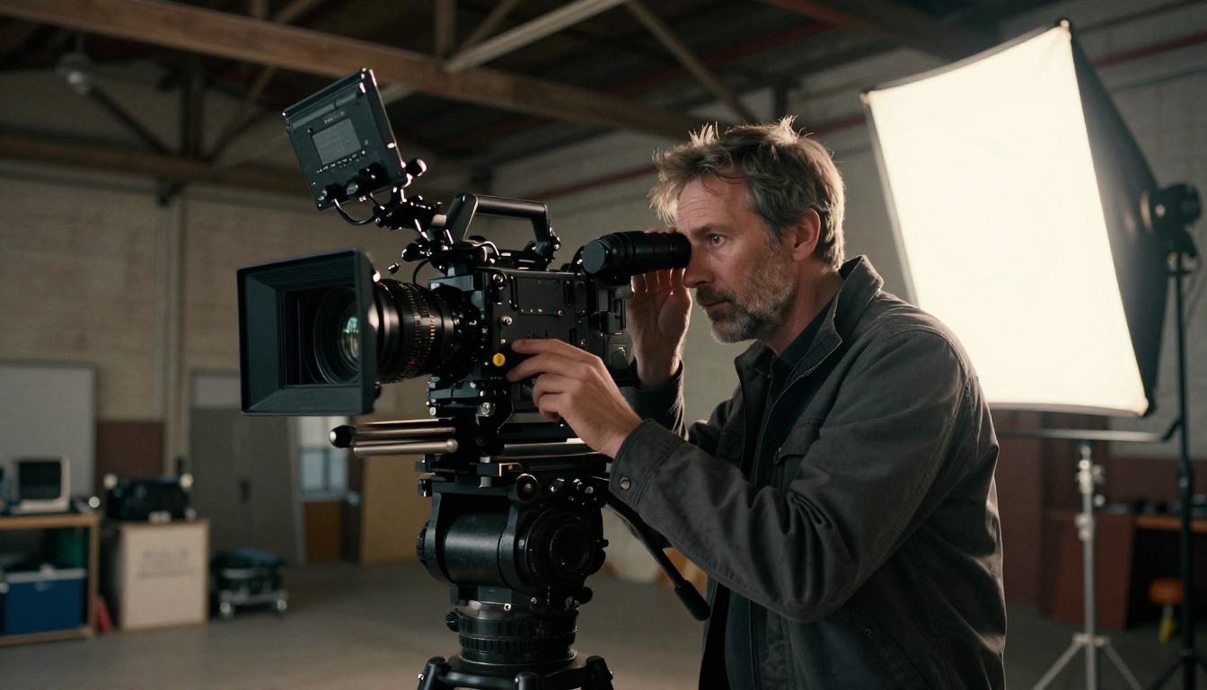A professional cinematographer operating a cinema camera in a warehouse studio under dramatic sidelight