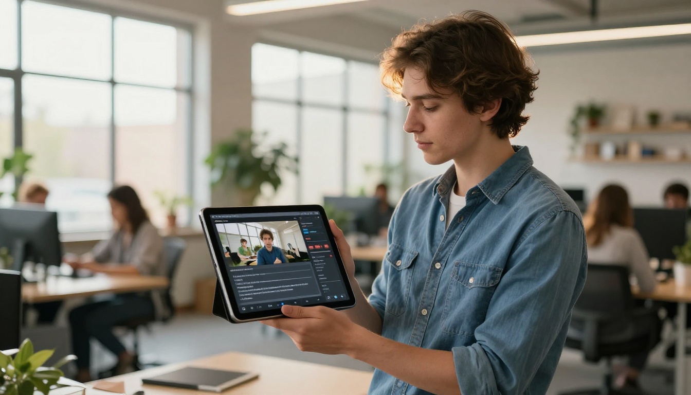 A filmmaker holding a tablet with AI video generation interface in a bright creative office A filmmaker holding a tablet with AI video generation interface in a bright creative office