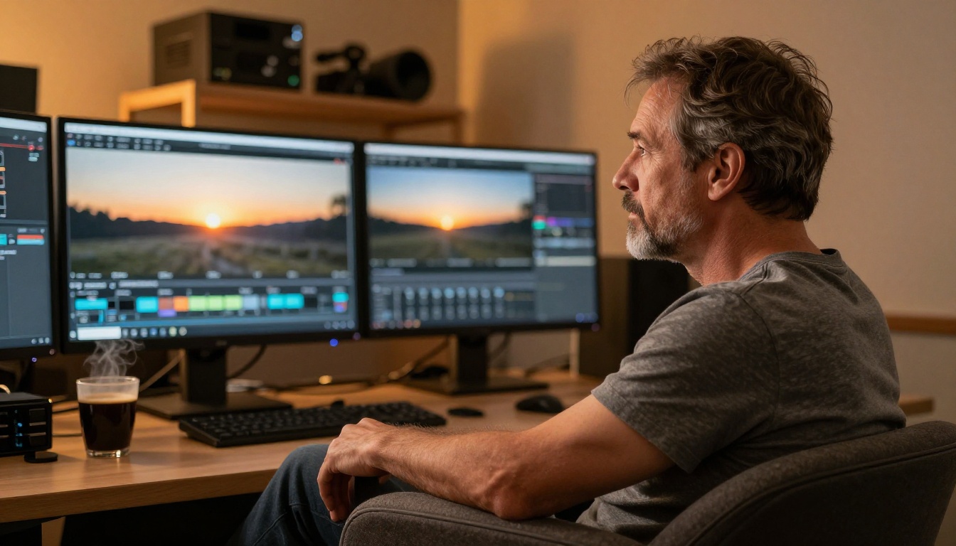 Film director reviewing AI-generated cinematic footage on a large 4K reference monitor in a professional post-production suite Film director reviewing AI-generated cinematic footage on a large 4K reference monitor in a professional post-production suite