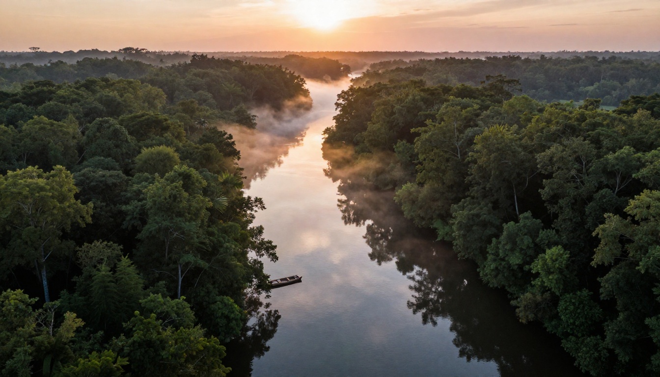Aerial view of a serpentine river through an ancient forest representing cinematic video scope