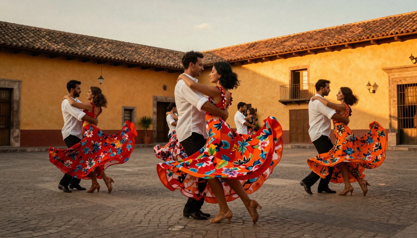 Group of salsa dancers in a vibrant outdoor plaza at sunset