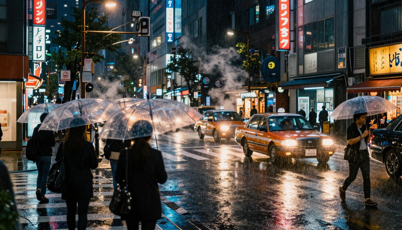 Rainy Tokyo night intersection with neon reflections on wet asphalt and commuters with umbrellas, cinematic atmospheric shot Rainy Tokyo night intersection with neon reflections on wet asphalt and commuters with umbrellas, cinematic atmospheric shot