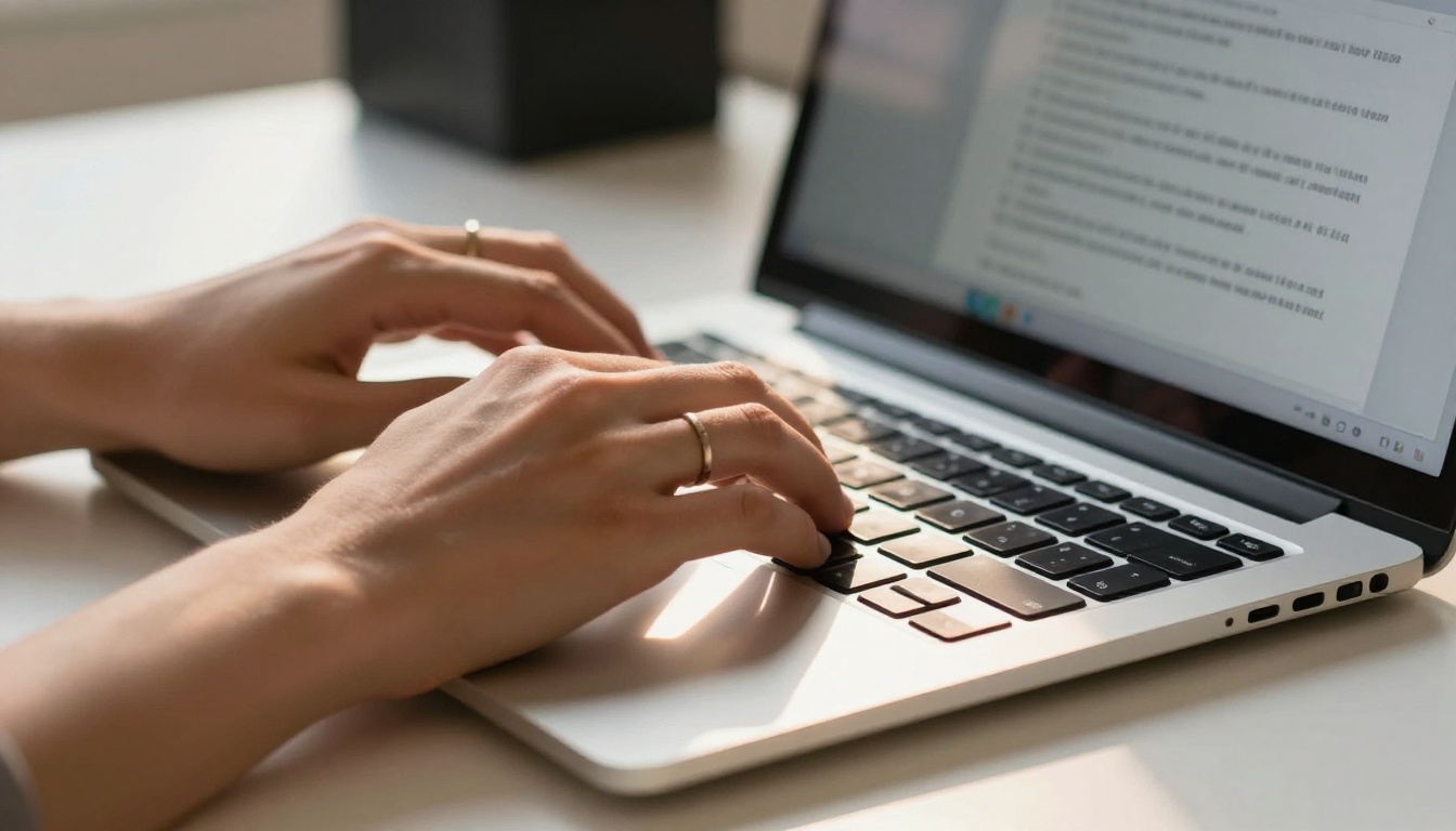 Hands typing on a laptop keyboard with AI prompt interface on screen Hands typing on a laptop keyboard with AI prompt interface on screen