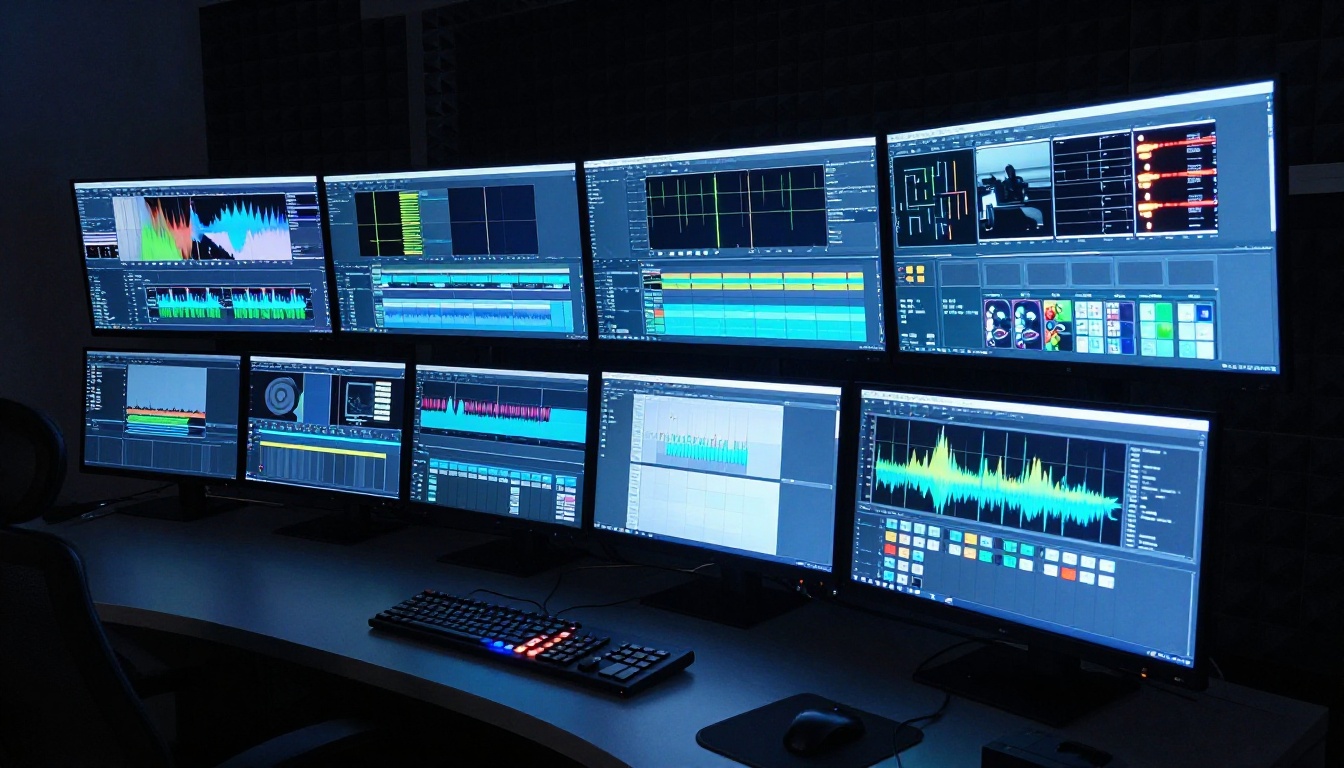 A curved multi-monitor post-production workstation with colorful editing timelines, cool blue light A curved multi-monitor post-production workstation with colorful editing timelines, cool blue light