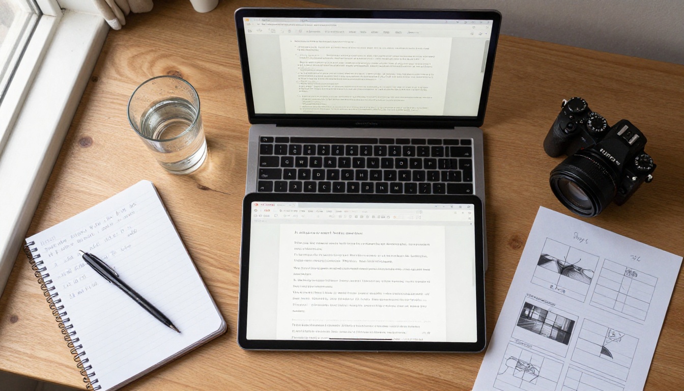 Overhead flat-lay of a creative workspace with laptop showing AI video prompting workflow