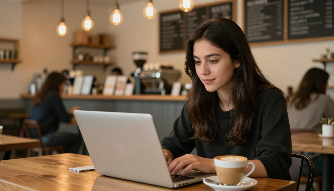 Content creator working on laptop in coffee shop