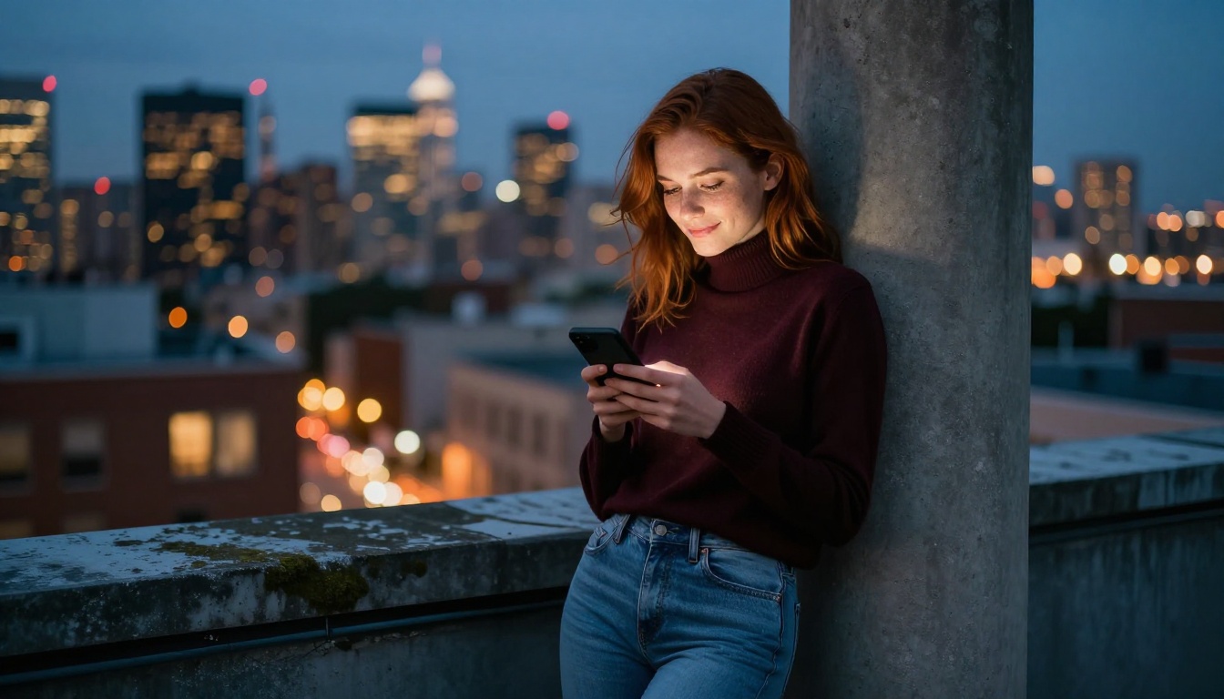 A woman on a rooftop at dusk looking at her phone, city skyline glowing warm in the background A woman on a rooftop at dusk looking at her phone, city skyline glowing warm in the background