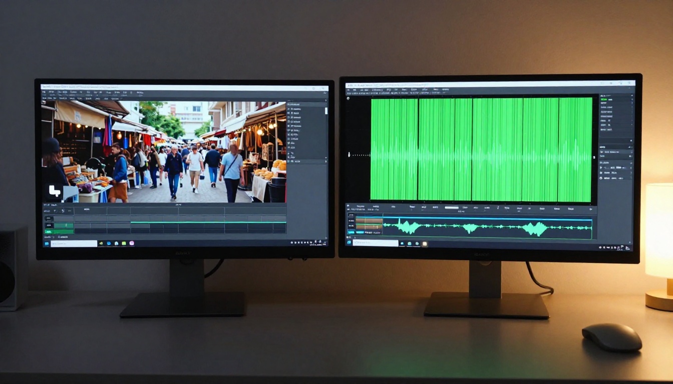 Two computer monitors showing silent vs. audio-synced video comparison Two computer monitors showing silent vs. audio-synced video comparison
