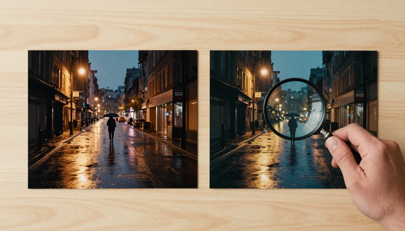 Two video frame prints being examined side by side, one under a magnifying glass for detail comparison