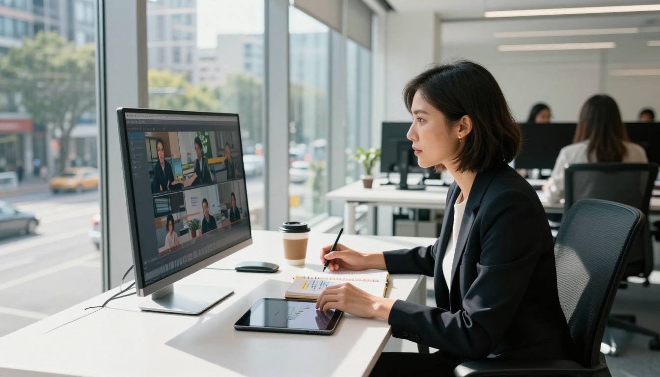 A creative director reviewing AI video footage on a large monitor in a bright open office A creative director reviewing AI video footage on a large monitor in a bright open office