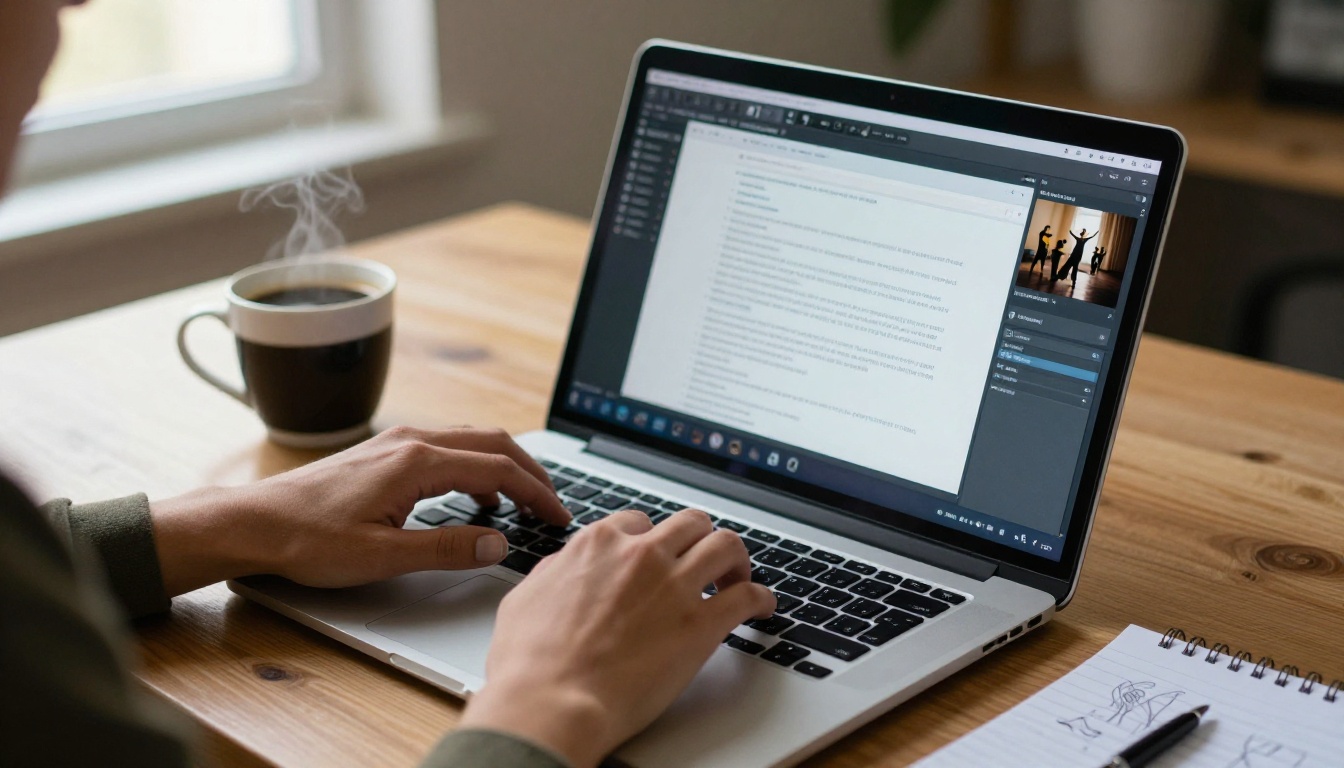 Creative professional typing a dance video prompt on a laptop with coffee nearby Creative professional typing a dance video prompt on a laptop with coffee nearby