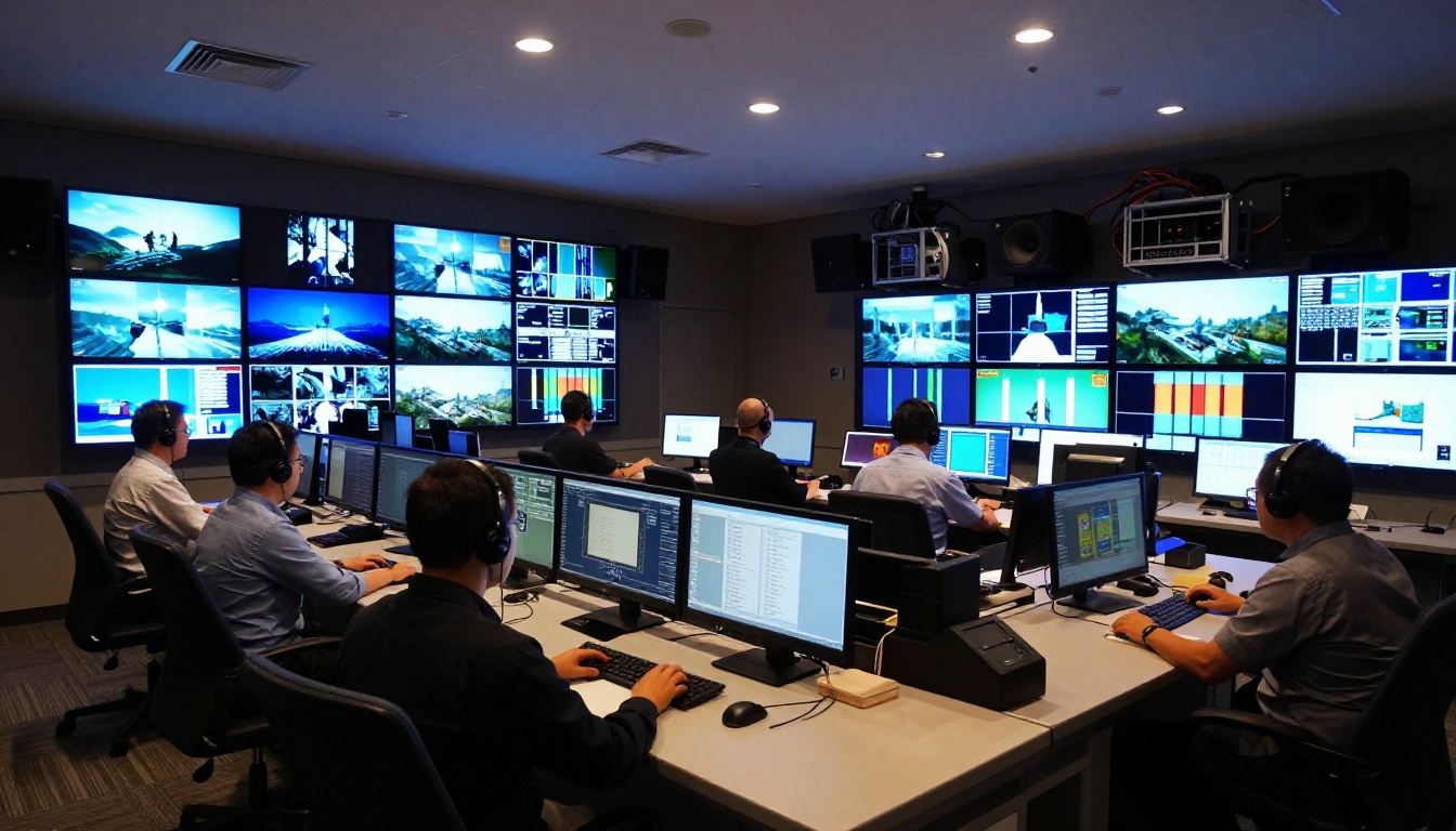 Broadcast control room with wall of video monitors