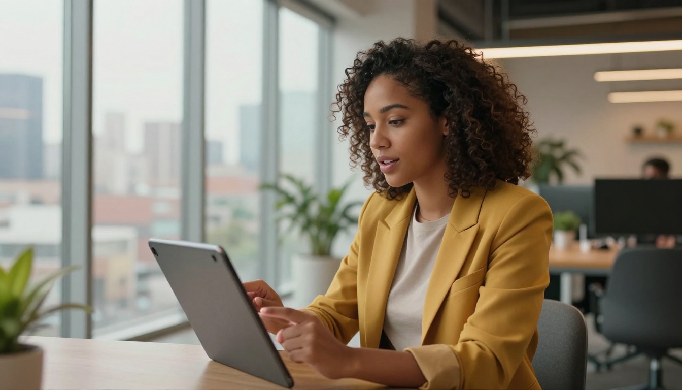 Professional woman with tablet reviewing AI video content and explaining results to a colleague