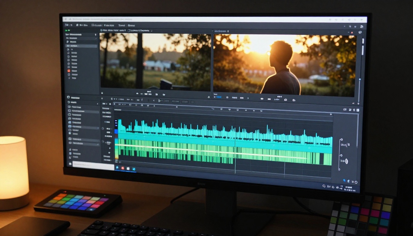 Close-up of video editing timeline on professional monitor