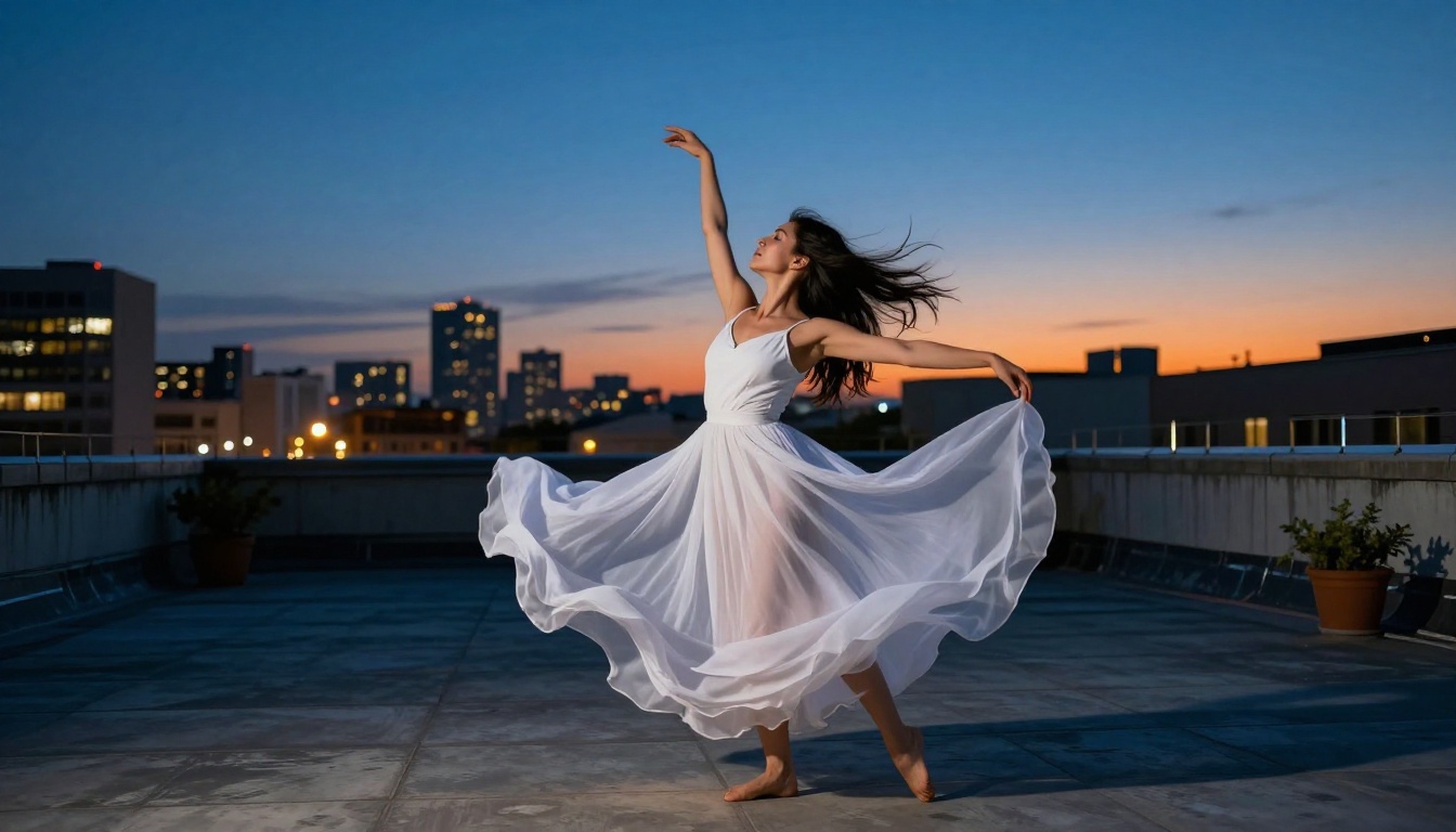 Beautiful female dancer in white chiffon dress on a rooftop at blue hour with city skyline Beautiful female dancer in white chiffon dress on a rooftop at blue hour with city skyline