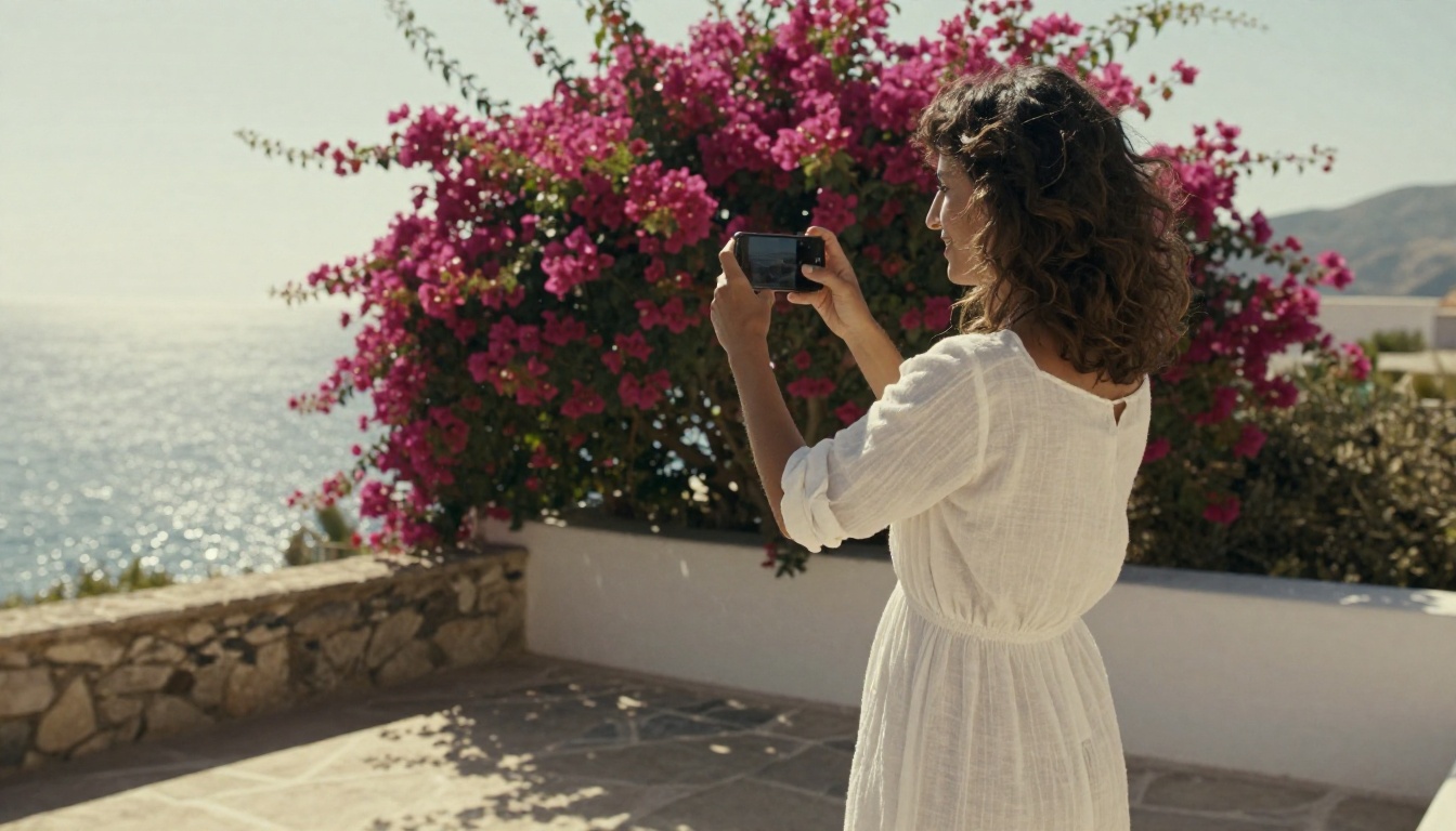 A woman in a white linen dress on a sunlit Mediterranean terrace, holding a smartphone to watch video content A woman in a white linen dress on a sunlit Mediterranean terrace, holding a smartphone to watch video content