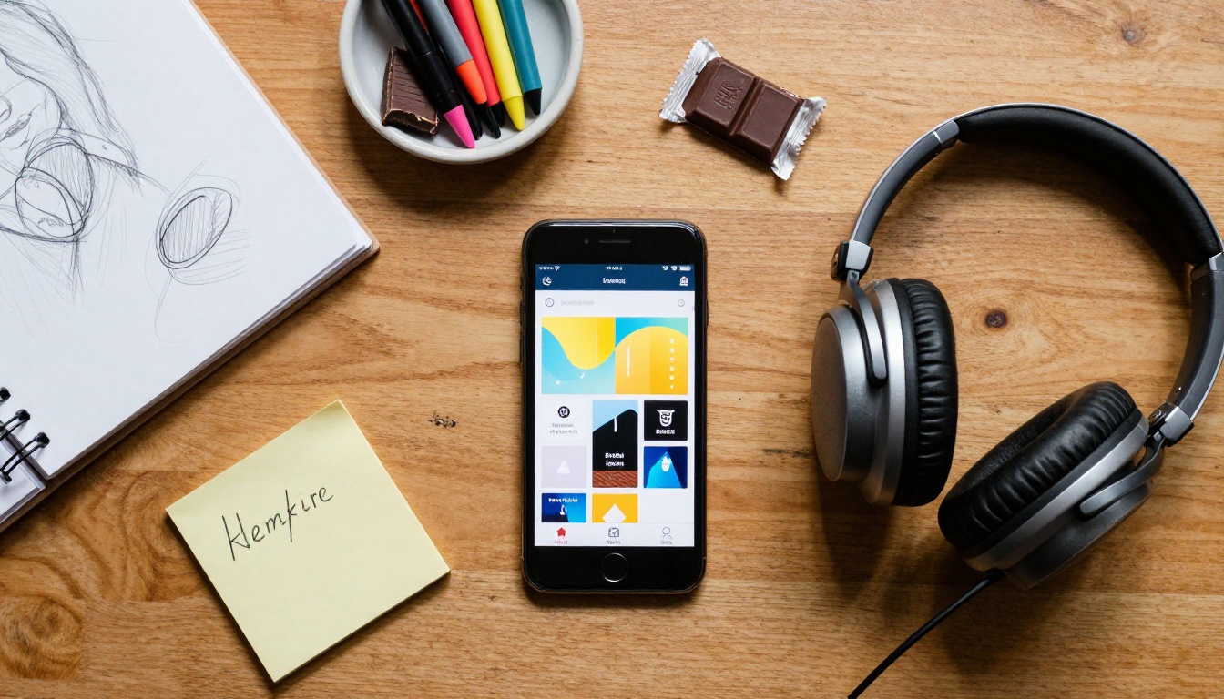 Overhead flat-lay of a creative desk with smartphone, sketchbook, headphones, and art supplies in warm light Overhead flat-lay of a creative desk with smartphone, sketchbook, headphones, and art supplies in warm light