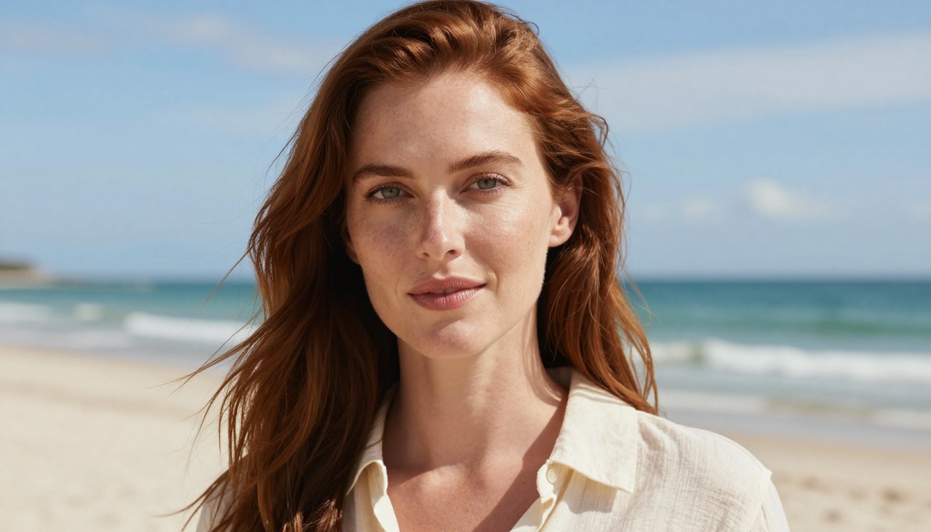 Professional woman with auburn hair at a coastal location representing the quality of AI-generated video subjects