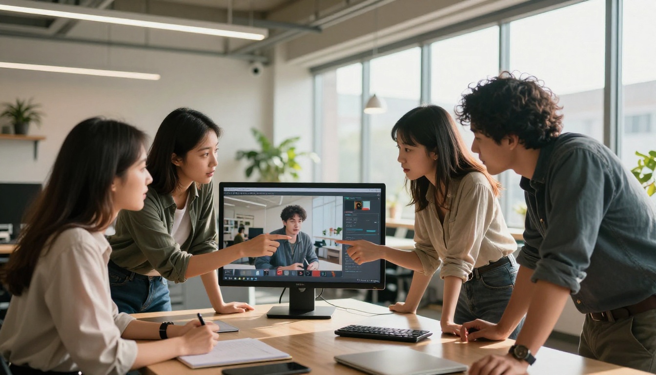 Professional creative team reviewing AI video output together