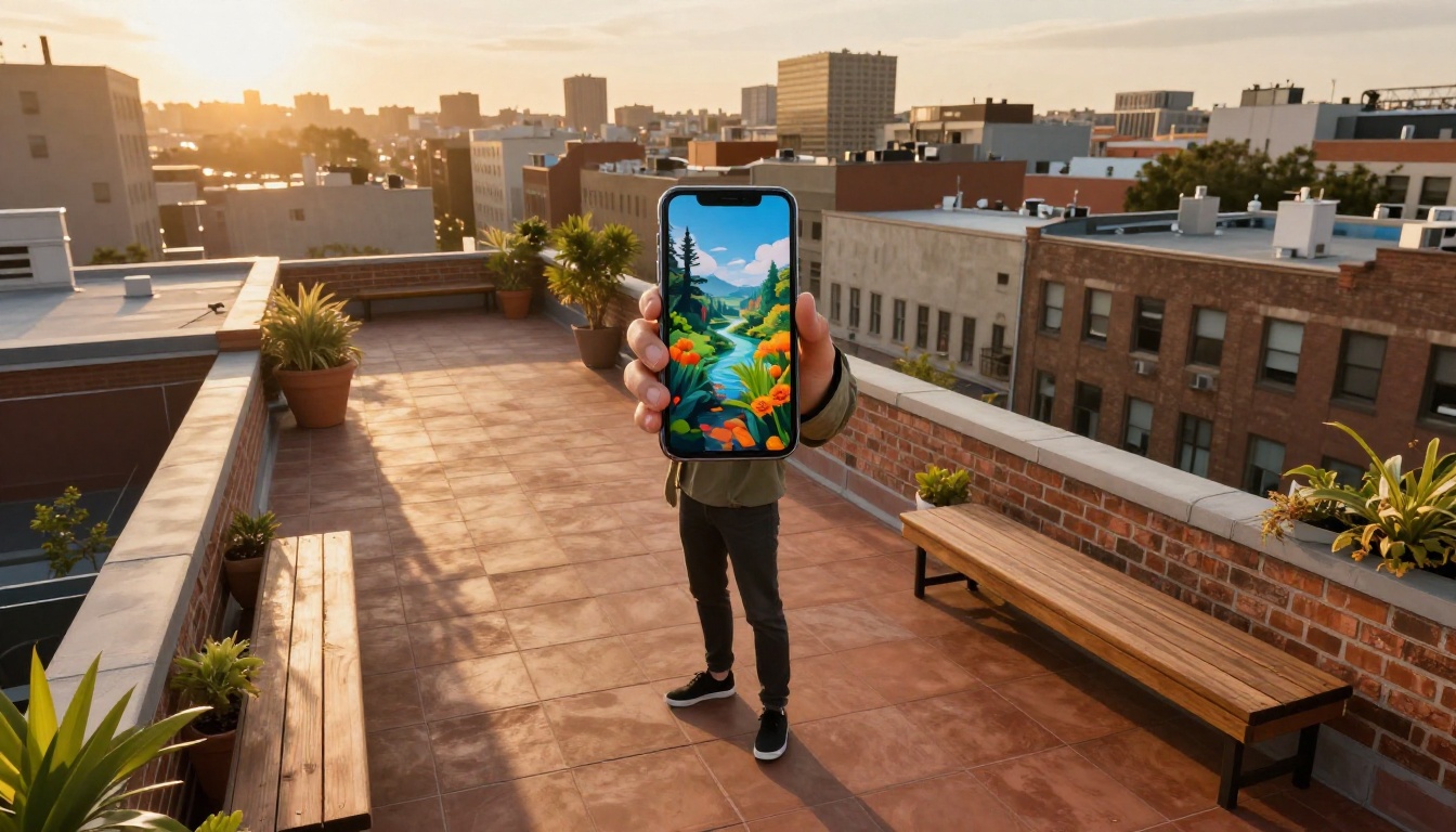 Young man on rooftop at golden hour holding phone Young man on rooftop at golden hour holding phone