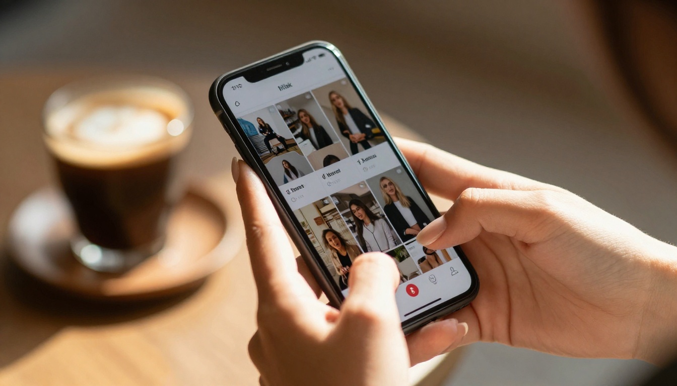 Hands scrolling through social media video feed on smartphone in a warm coffee shop