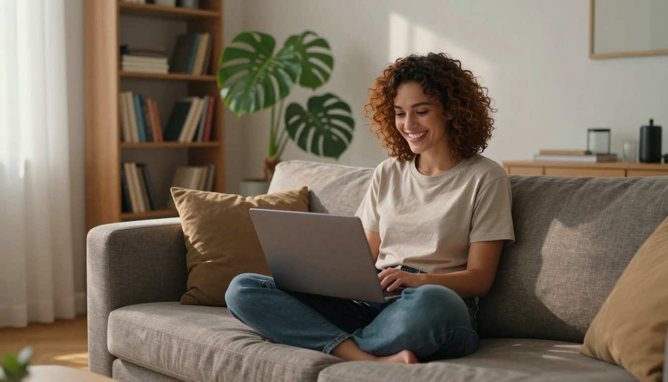 Woman relaxing on couch watching video on laptop Woman relaxing on couch watching video on laptop