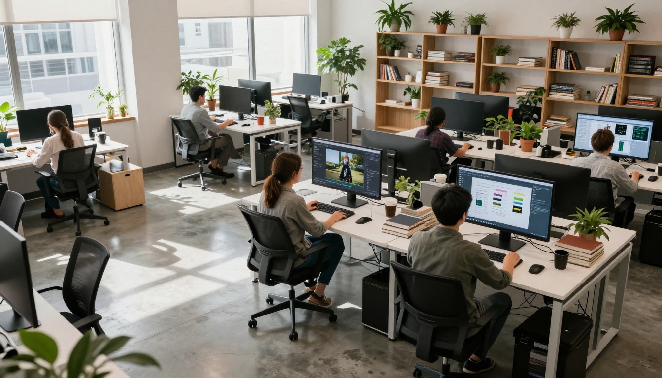 Creative agency team working with AI video tools on multiple screens