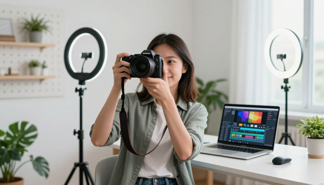 Content creator standing in bright minimalist studio with ring light and editing software visible