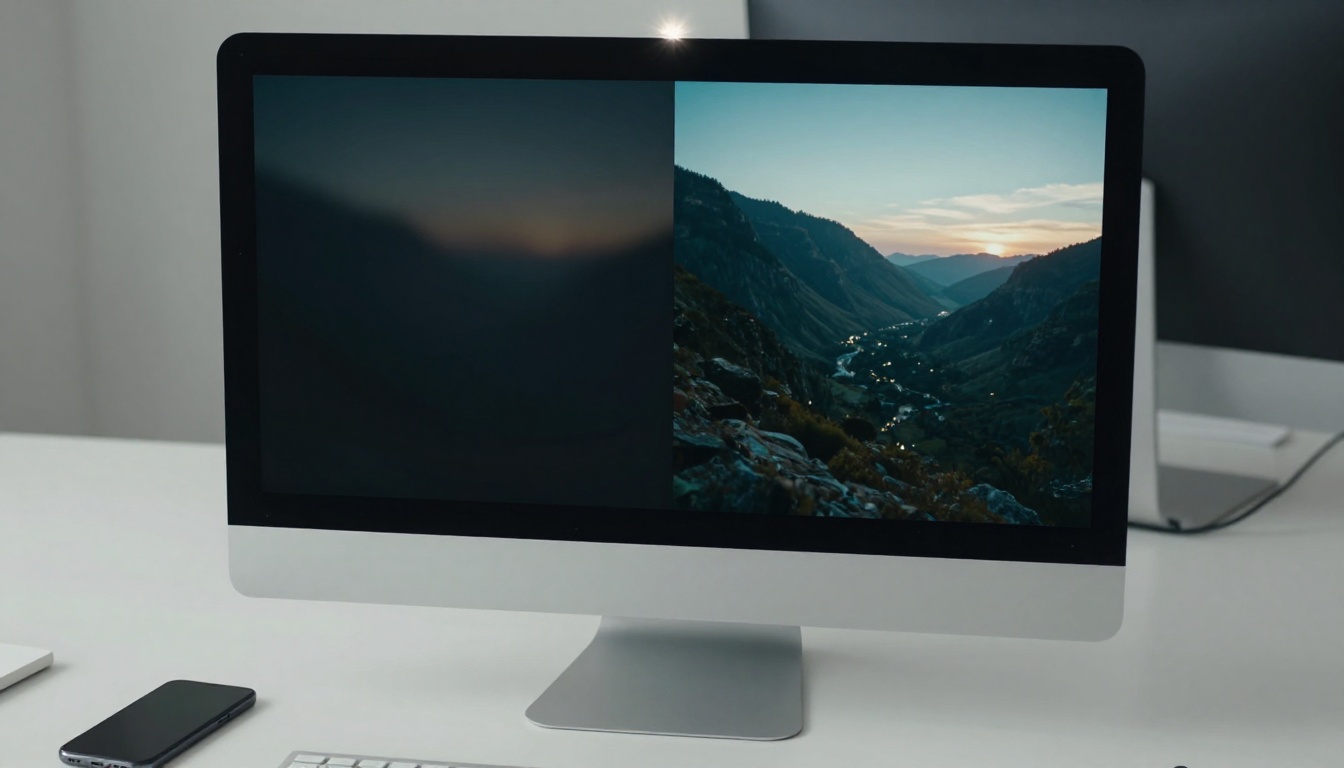 Desktop monitor showing video quality comparison split screen Desktop monitor showing video quality comparison split screen
