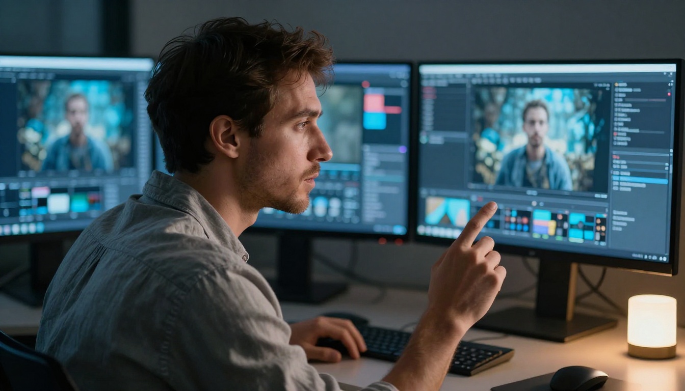 Creative director comparing AI video results on dual monitors