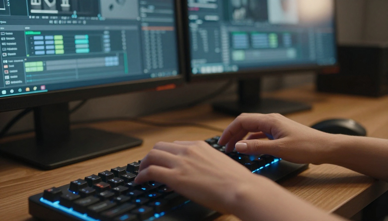 Creator typing at keyboard in dark studio with AI video interfaces on monitors behind Creator typing at keyboard in dark studio with AI video interfaces on monitors behind