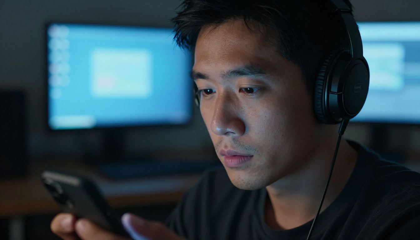 Man focused on phone screen in dim blue-lit setup Man focused on phone screen in dim blue-lit setup