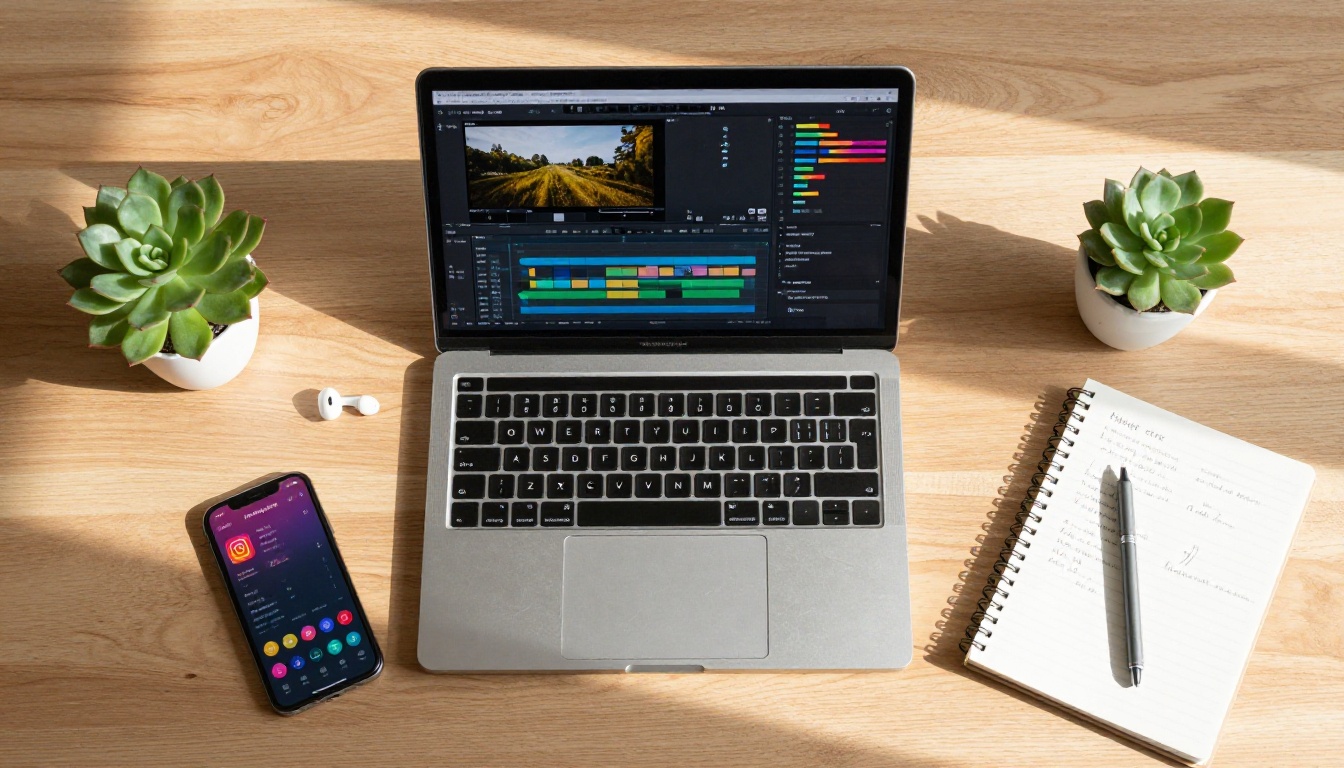Overhead flat-lay of creative workspace with MacBook, iPhone analytics, and notebook