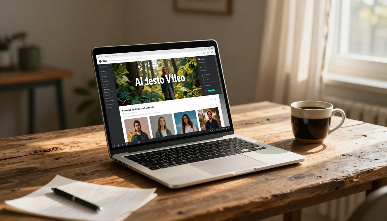 Laptop screen showing AI video generation interface on a wooden desk