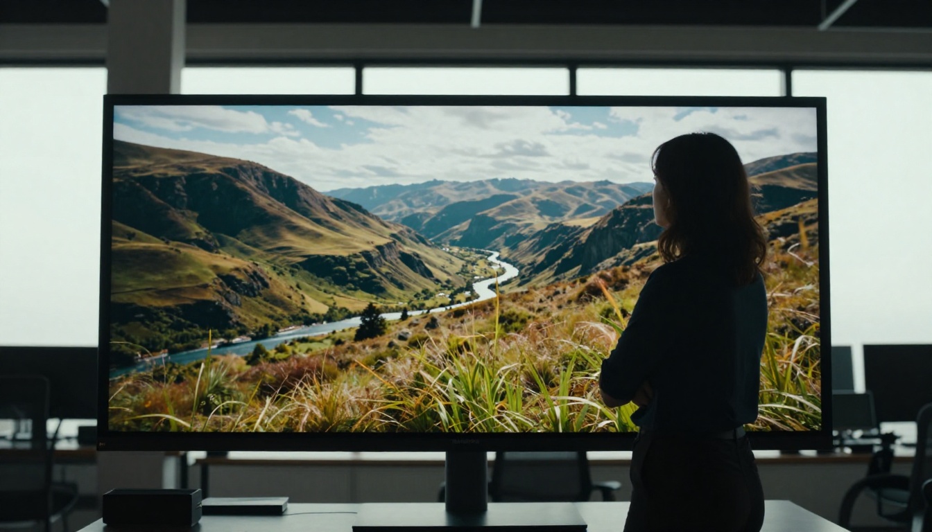 Creative director standing before a large 4K monitor evaluating cinematic AI video output Creative director standing before a large 4K monitor evaluating cinematic AI video output