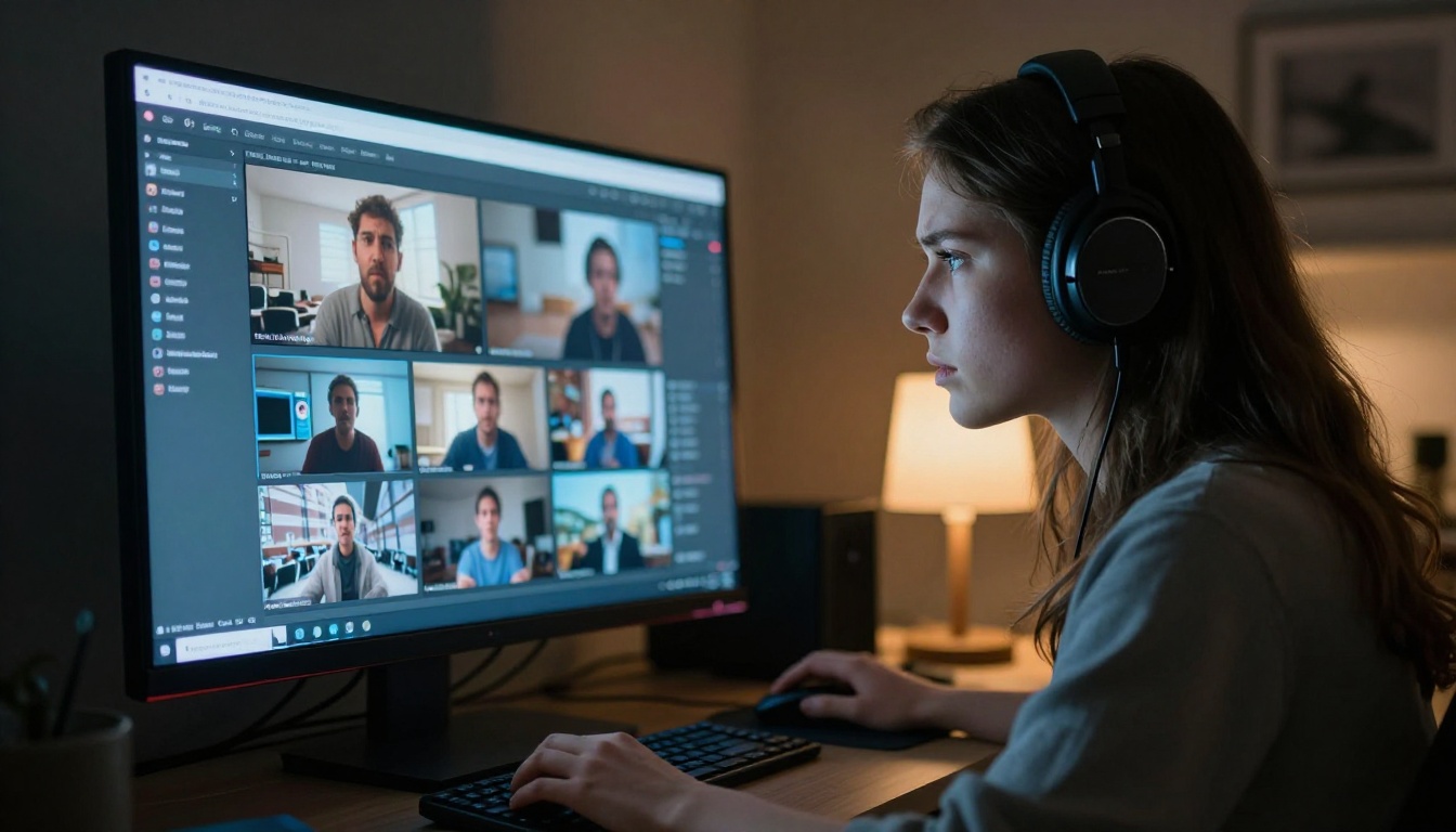 Young woman in profile reviewing video content on monitor with screen glow illuminating her face