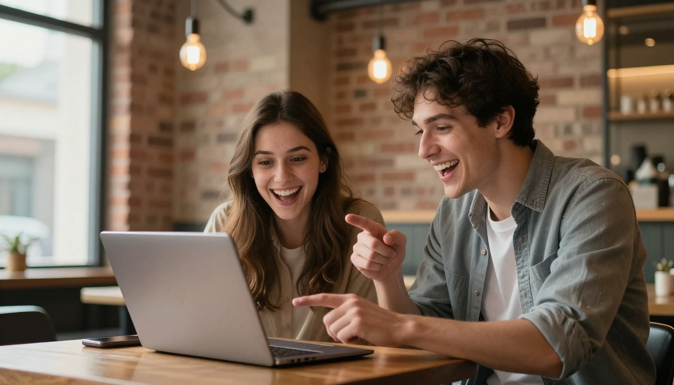 Two friends at café sharing laptop excitedly Two friends at café sharing laptop excitedly