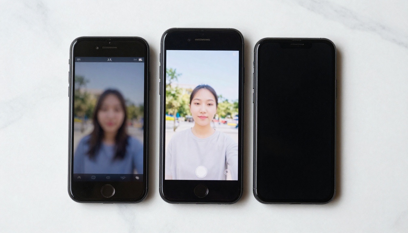 Two smartphones side by side showing video quality comparison on white marble surface
